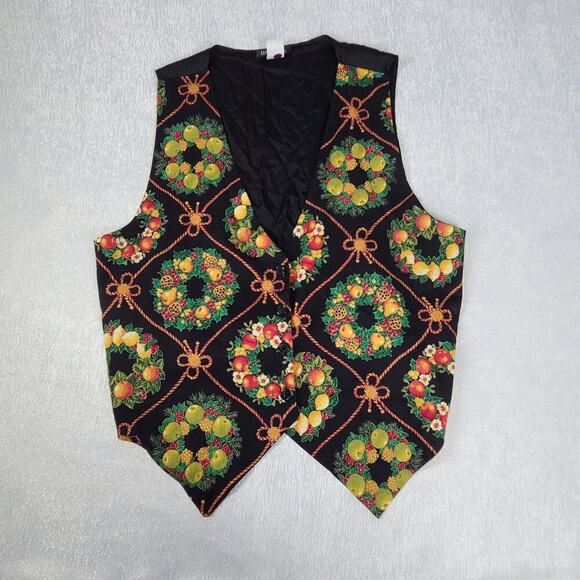 111 Main Vintage holiday wreath vest black fruit ribbons Size 1X Grannycore - Picture 1 of 6